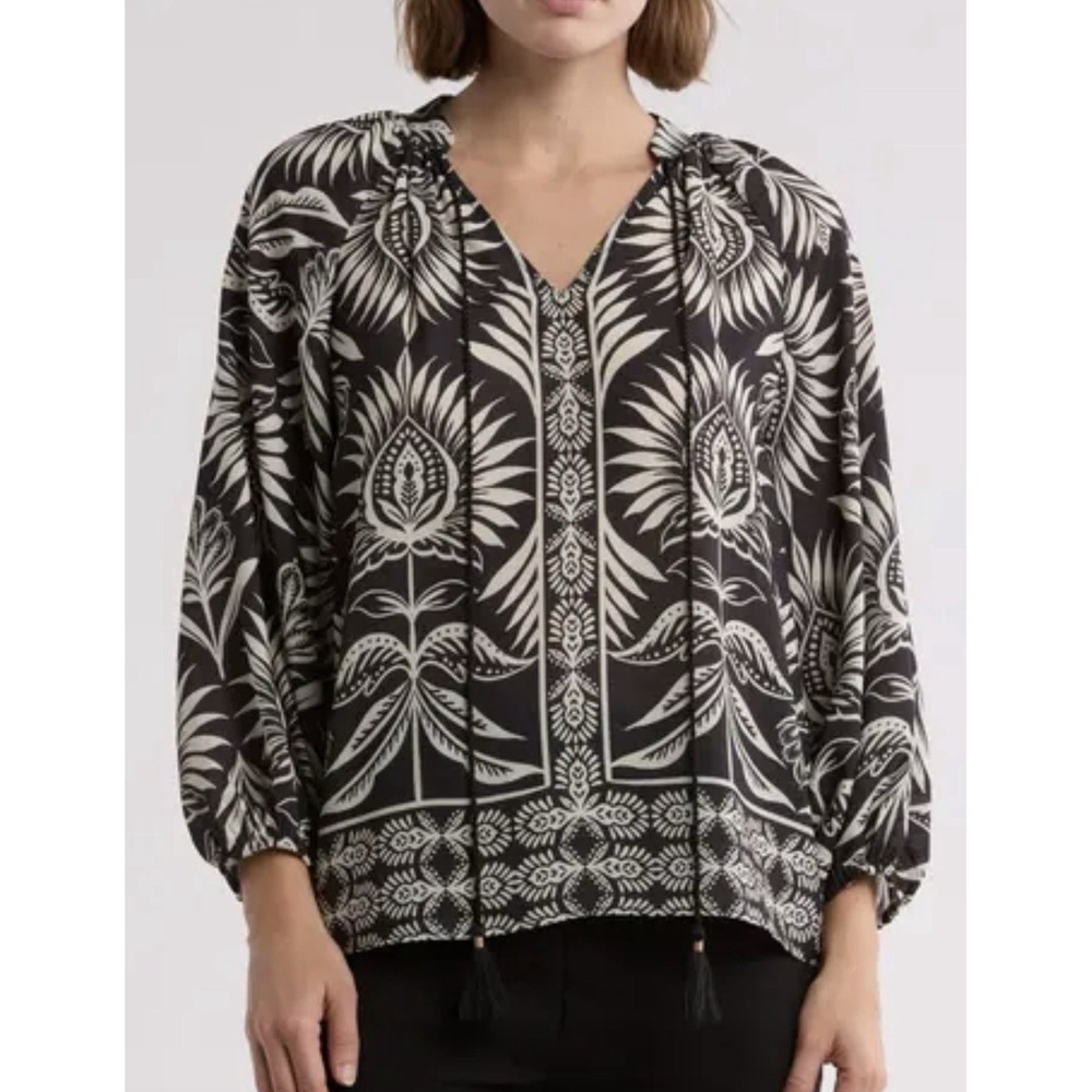 GEMMA + JANE Ballon Sleeve Peasant Top Semi-Sheer S Floral Bohemian Preppy NWT